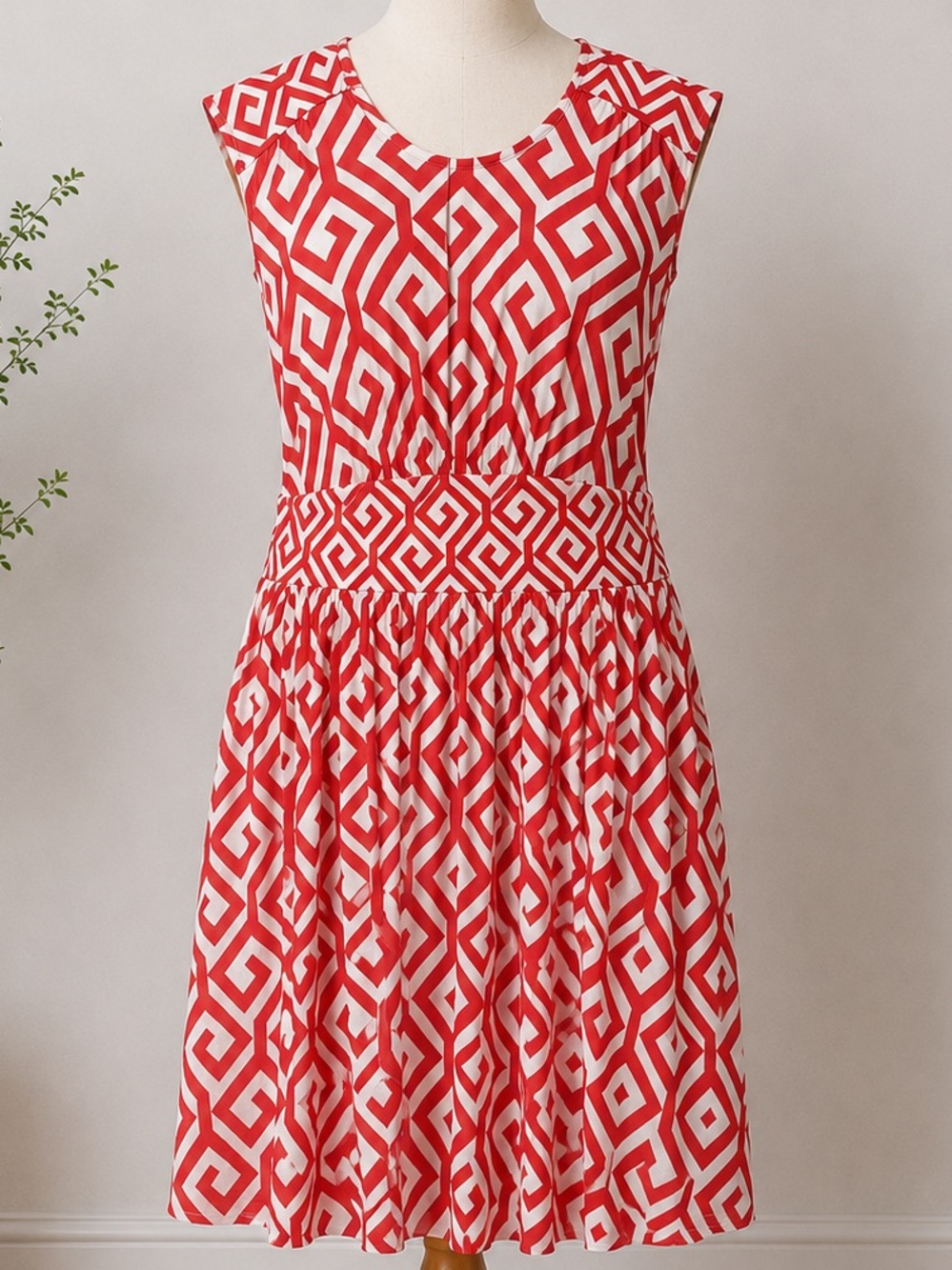 Boden Red and White Geometric Midi Dress